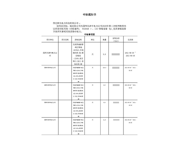 國網(wǎng)天津市電力公司高壓穿墻套管中標(biāo)項(xiàng)目
